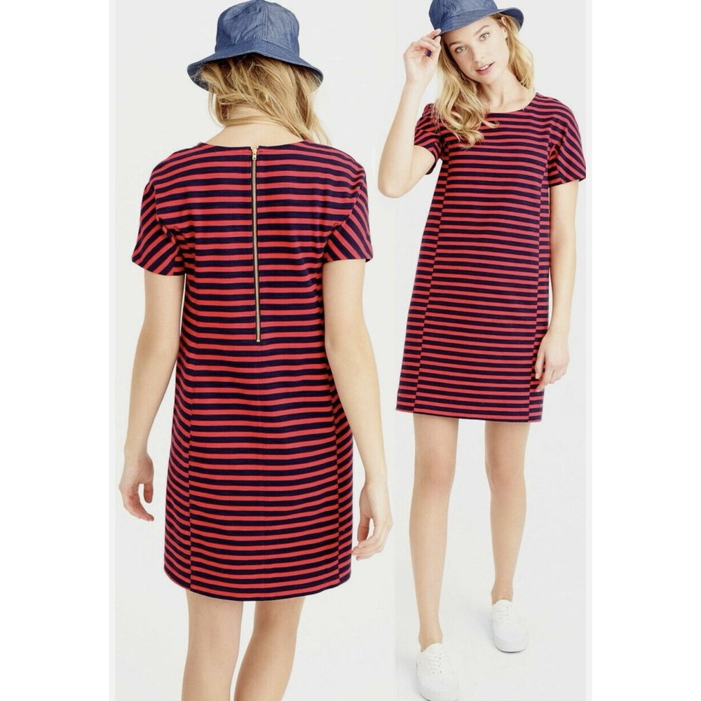 J Crew Red‎ Navy Stripe Zipper Back Shirt Dress Womens Sz M